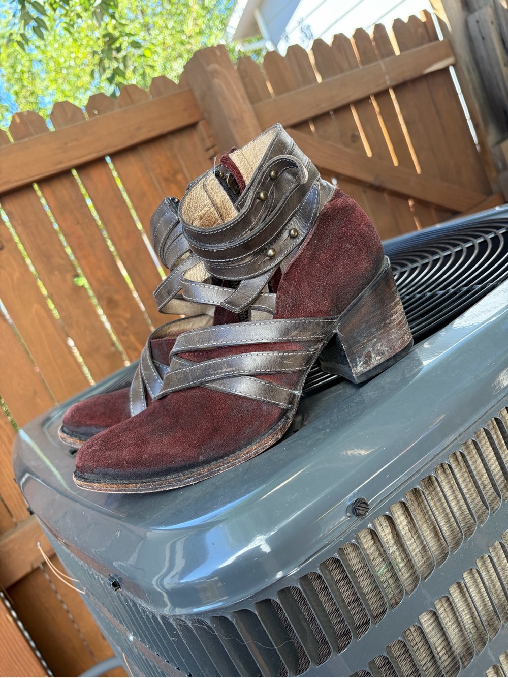 freebird Burgundy Suede Strappy Ankle Booties with Distressed Heel
